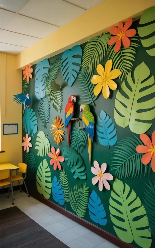 Tropical Wall Mural with Parrots and Paper-Cut Monstera Leaves | Vibrant Classroom Decor Idea
