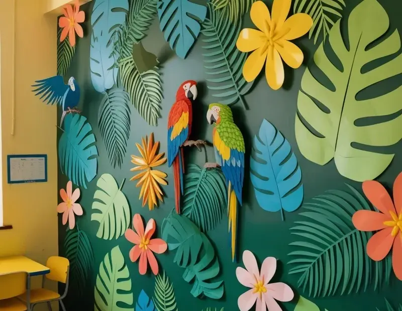Tropical Wall Mural with Parrots and Paper-Cut Monstera Leaves | Vibrant Classroom Decor Idea