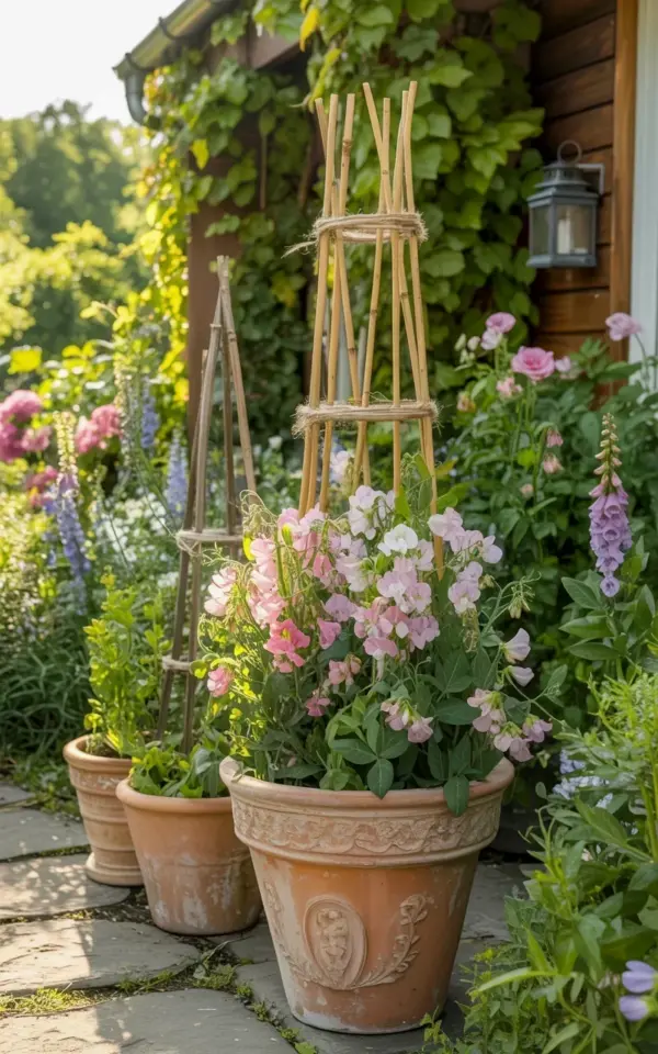 Spring Garden Decor Ideas: Sweet Peas in Vintage Terracotta Pots on a Stone Path