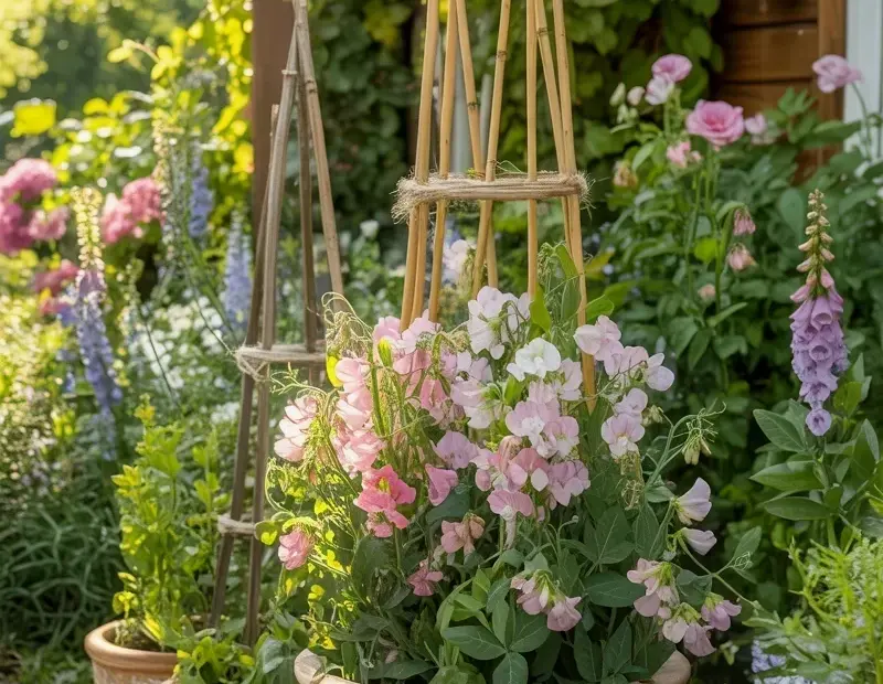 Spring Garden Decor Ideas: Sweet Peas in Vintage Terracotta Pots on a Stone Path