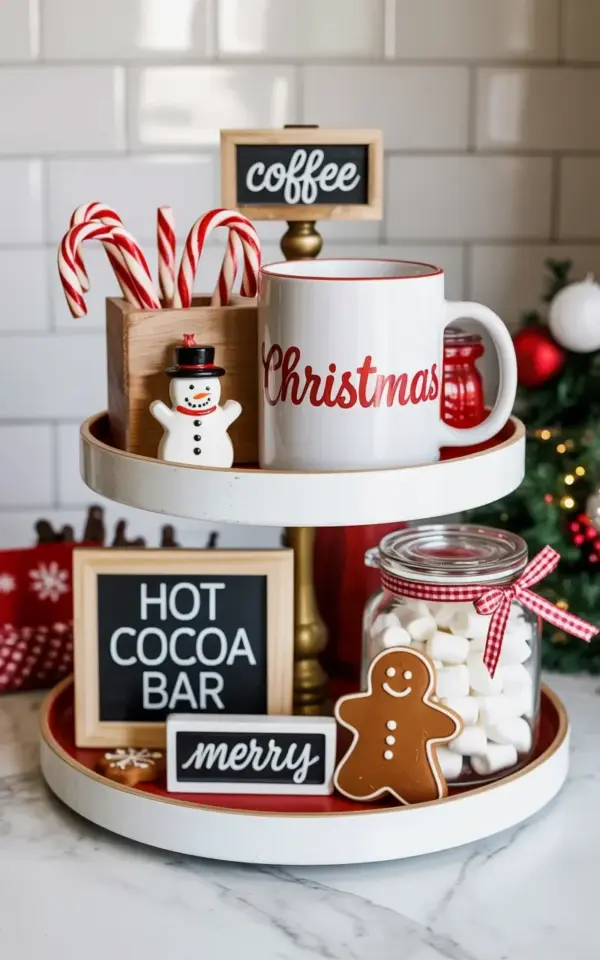 Christmas hot cocoa bar tiered tray with marble counter and subway tile decor