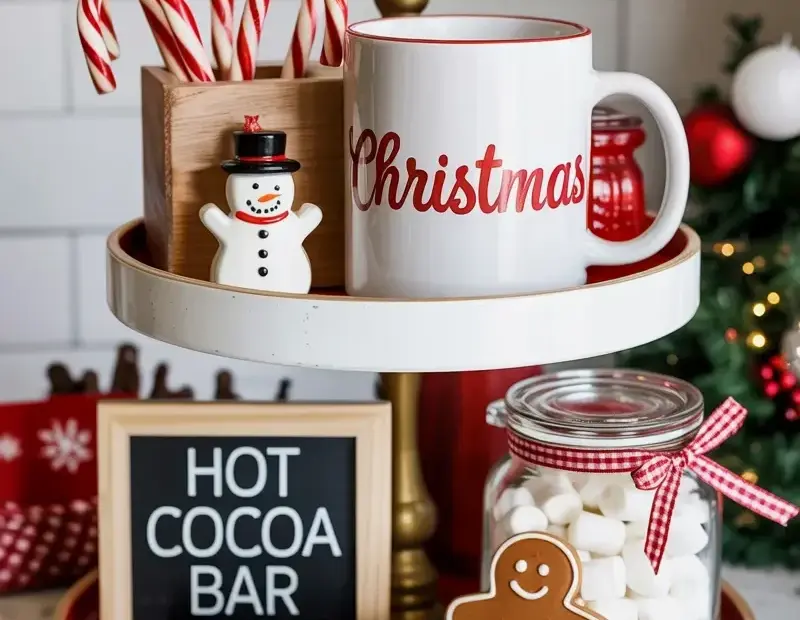 Christmas hot cocoa bar tiered tray with marble counter and subway tile decor