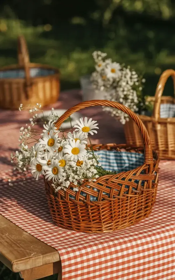 Budget-friendly rustic picnic decor with daisies and wicker baskets