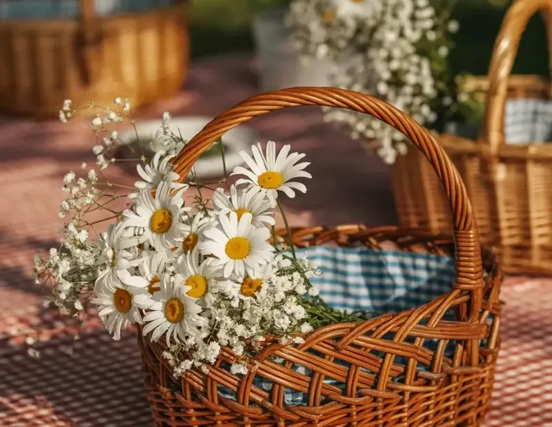 Budget-friendly rustic picnic decor with daisies and wicker baskets
