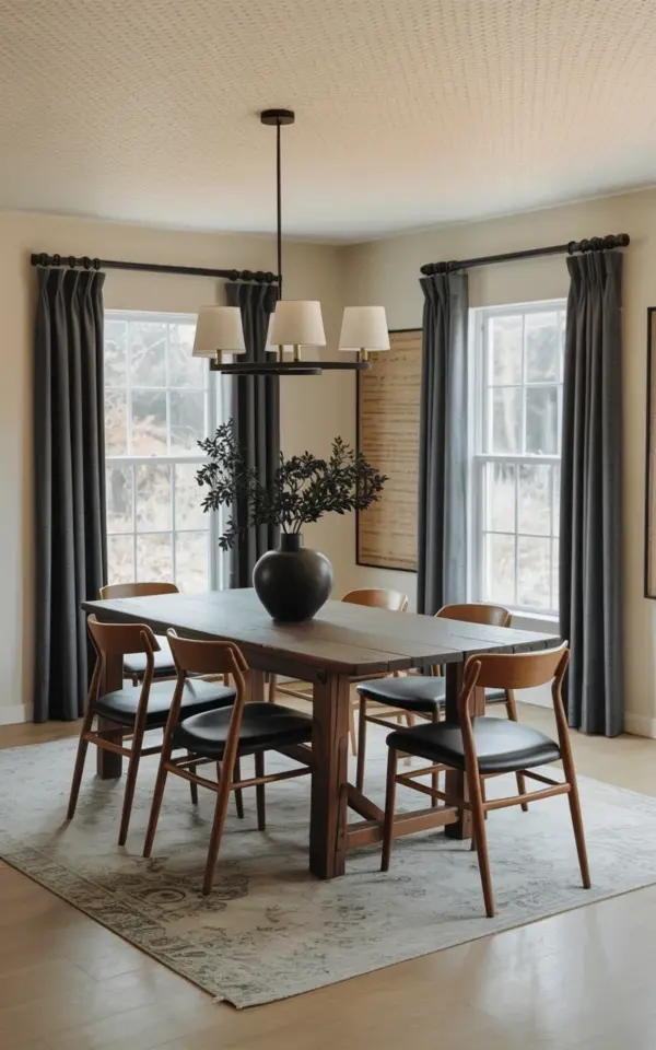 Fall Dining Room Decor: Modern Farmhouse Table with Black Chairs and Dried Florals