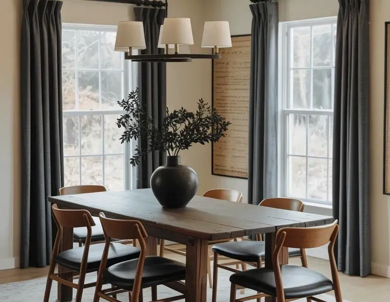 Fall Dining Room Decor: Modern Farmhouse Table with Black Chairs and Dried Florals