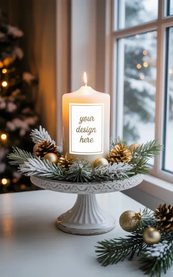 White Pillar Candle Winter Decor – Snowy Window & Gold Pinecone Centerpiece