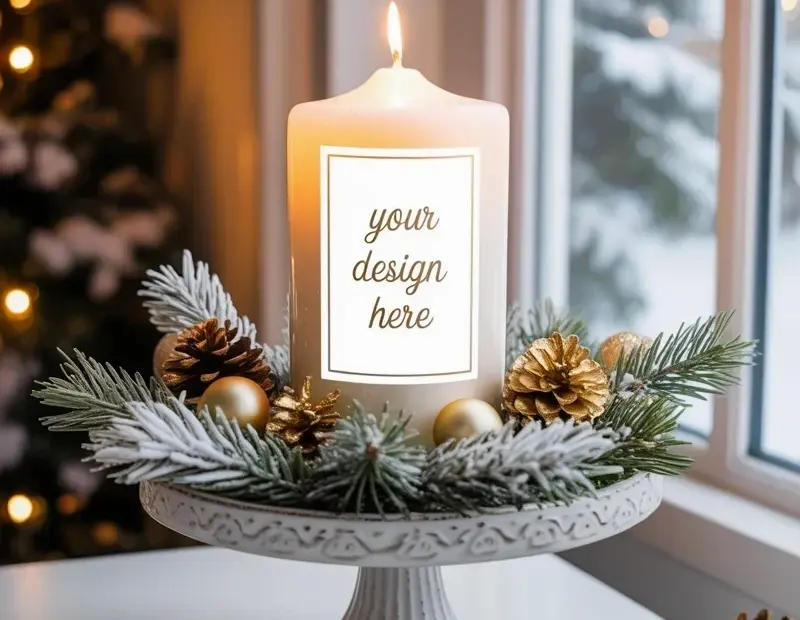 White Pillar Candle Winter Decor – Snowy Window & Gold Pinecone Centerpiece
