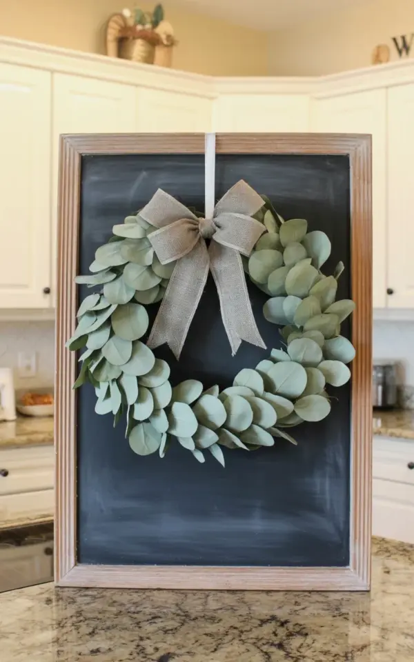 Farmhouse Eucalyptus Wreath on a Weathered Chalkboard | Kitchen Decor Idea