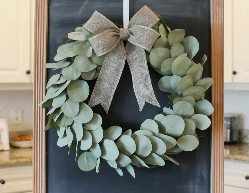 Farmhouse Eucalyptus Wreath on a Weathered Chalkboard | Kitchen Decor Idea