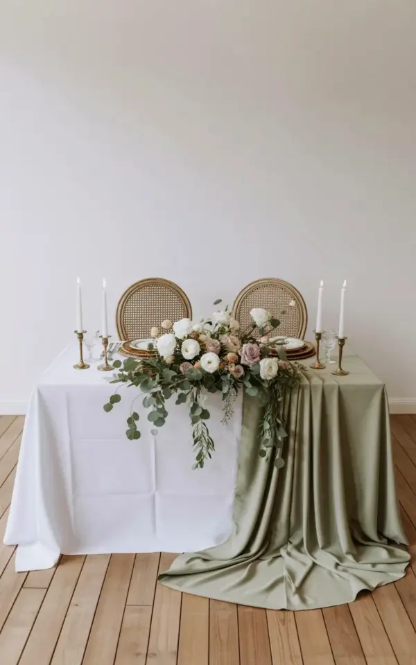 Sage Green Wedding Table Decor with Rattan Chairs & White Floral Centerpiece