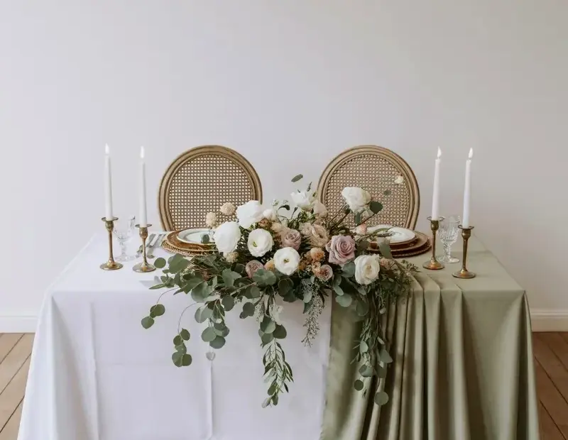 Sage Green Wedding Table Decor with Rattan Chairs & White Floral Centerpiece