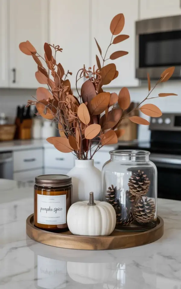 Copper Eucalyptus Fall Kitchen Centerpiece on Tray | Cozy Autumn Decor Inspiration