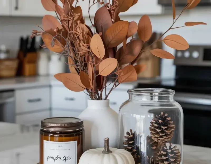 Copper Eucalyptus Fall Kitchen Centerpiece on Tray | Cozy Autumn Decor Inspiration