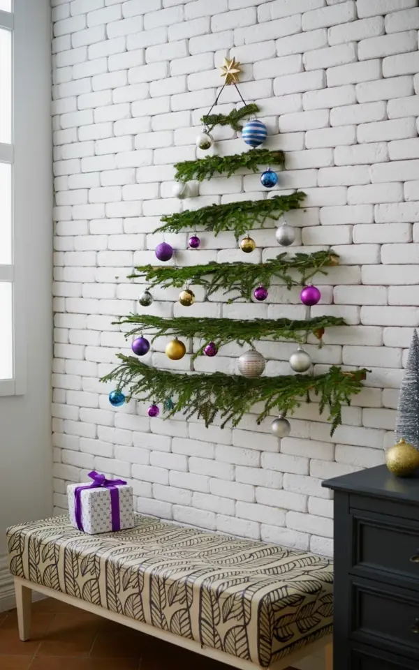 Cozy Wall Mounted Christmas Tree on White Brick | Winter Home Decor