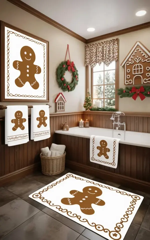 Christmas Bathroom Decor with Gingerbread Towels & Wreath Ideas