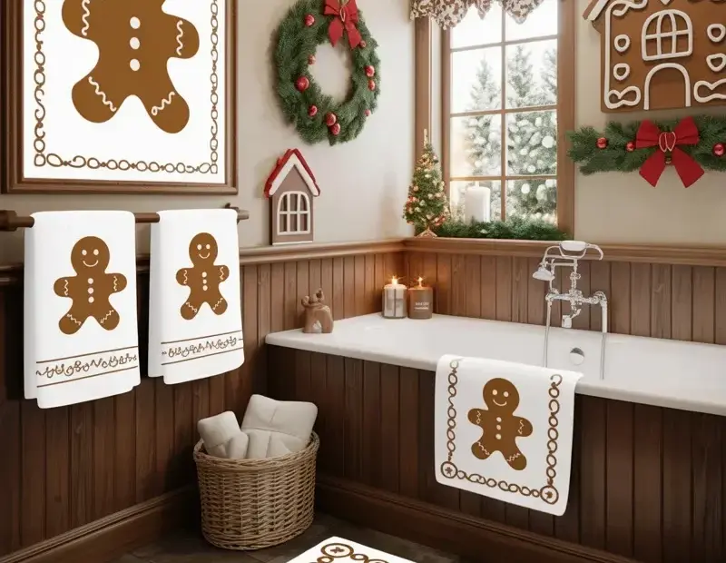 Christmas Bathroom Decor with Gingerbread Towels & Wreath Ideas