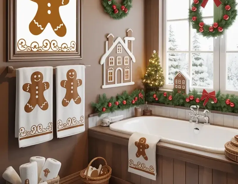 Budget Christmas Bathroom Decor Ideas with Gingerbread Towels
