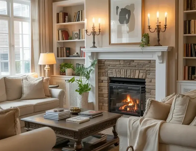 Cozy Living Room with Stone Fireplace, Cream Sofas & Warm Decor