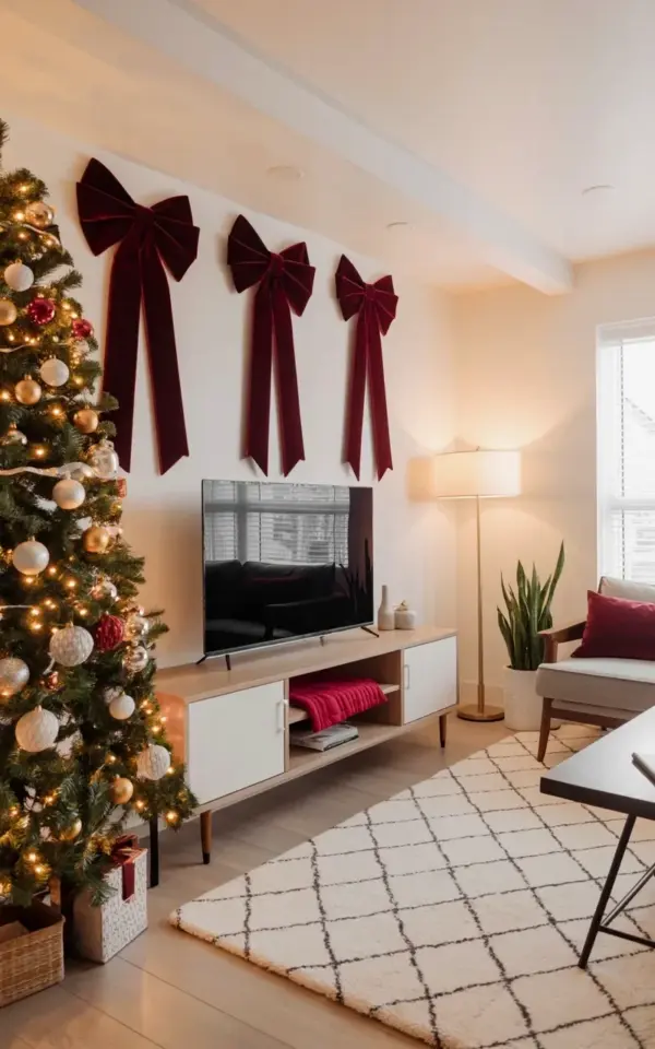 Modern Christmas Living Room Decor with Burgundy Bows and a Gold Tree
