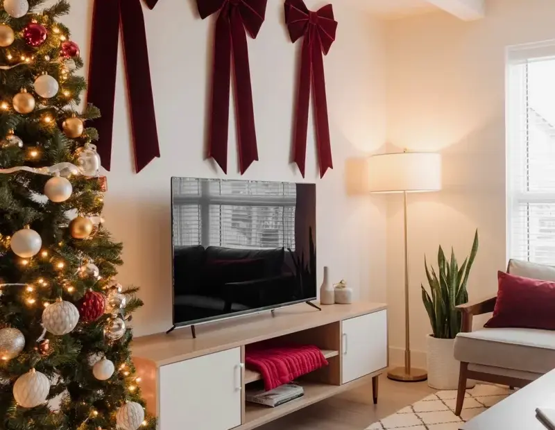 Modern Christmas Living Room Decor with Burgundy Bows and a Gold Tree