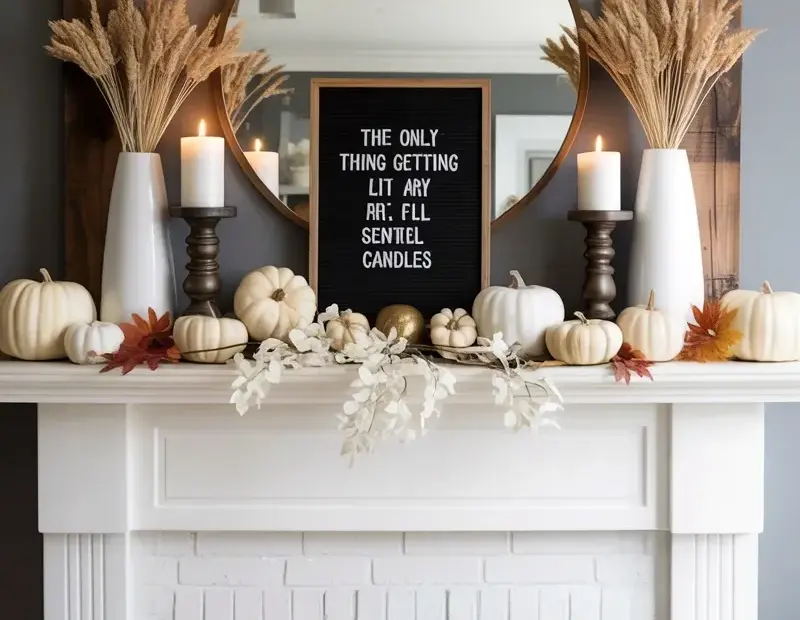 Fall Fireplace Mantel Decor with White Brick, Dried Wheat & a Funny Sign