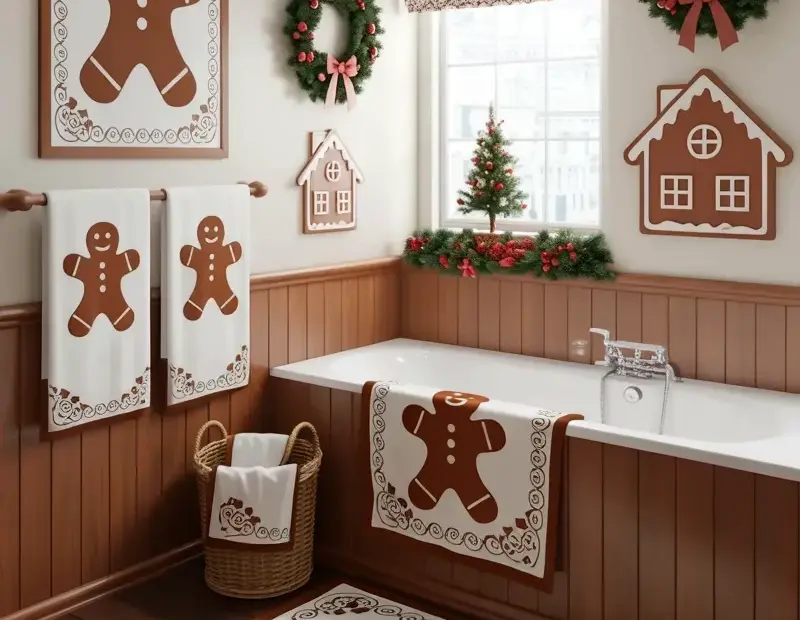Christmas Bathroom Makeover Before & After | Gingerbread Towels & Wreath Decor