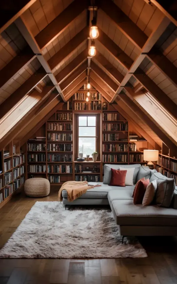 Cozy Attic Library with Vaulted Wood Beams and Built-in Bookshelves | Winter Reading Nook