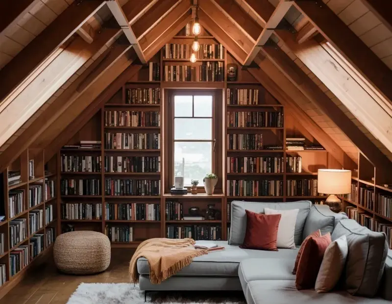 Cozy Attic Library with Vaulted Wood Beams and Built-in Bookshelves | Winter Reading Nook