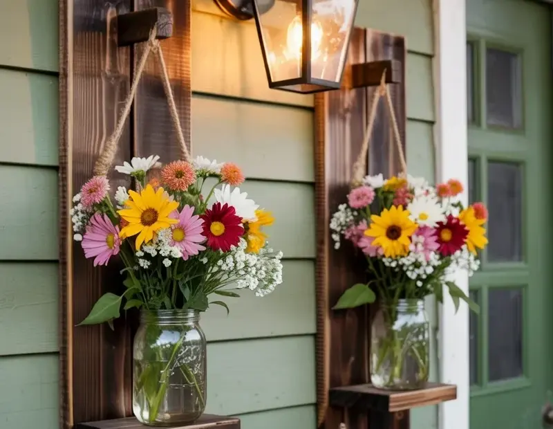 Summer Farmhouse Wall Decor: Mason Jar Sunflowers on Rustic Wood
