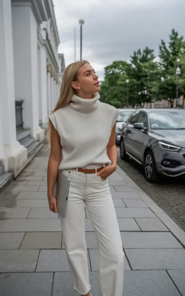 All White Spring Outfit Ideas with Chunky Knit Turtleneck and Jeans