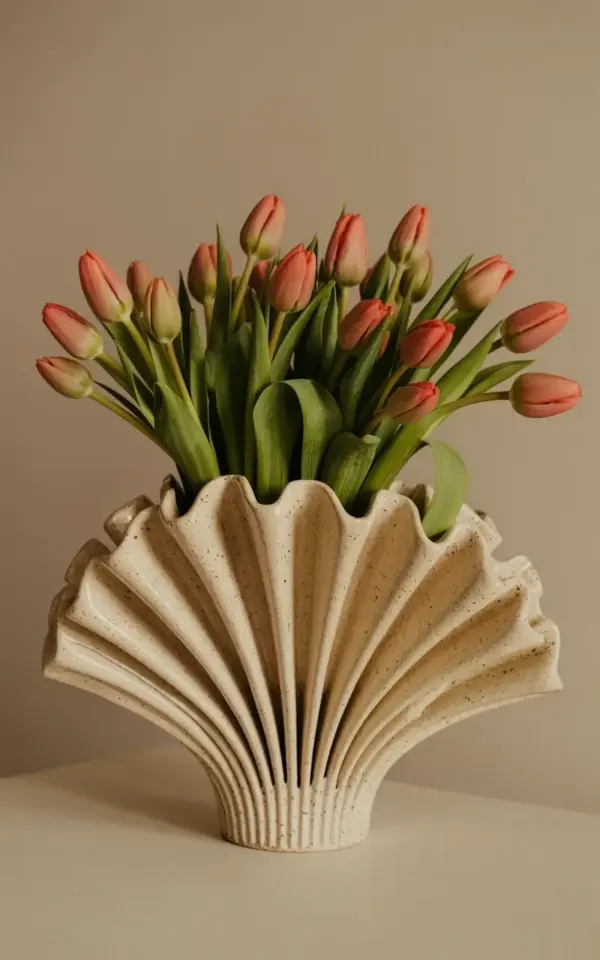 Coral Pink Tulips in Textured Ceramic Vase - Pretty Spring Centerpiece