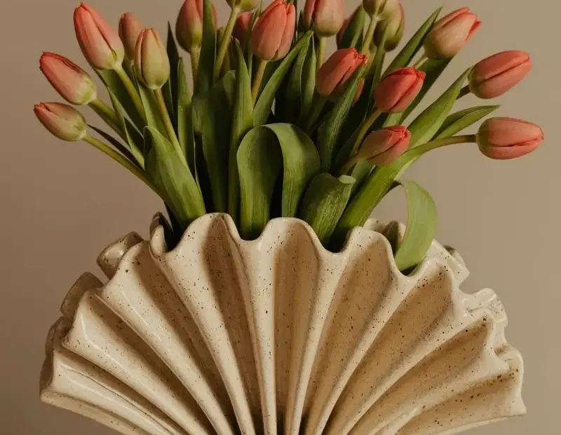 Coral Pink Tulips in Textured Ceramic Vase - Pretty Spring Centerpiece
