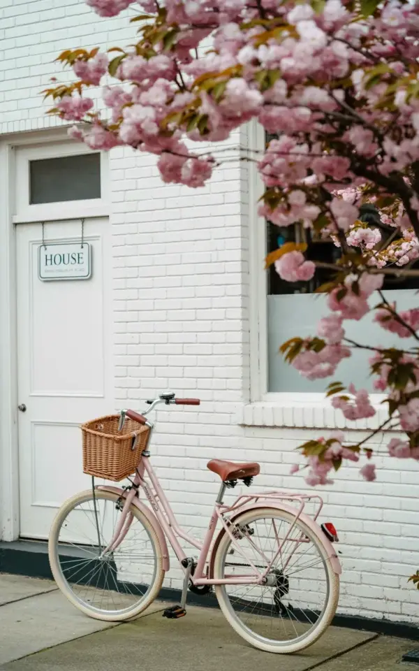 Pink Bicycle with Wicker Basket & Cherry Blossoms β A Cozy Spring Dream