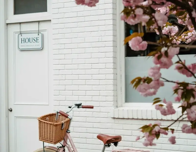 Pink Bicycle with Wicker Basket & Cherry Blossoms – A Cozy Spring Dream