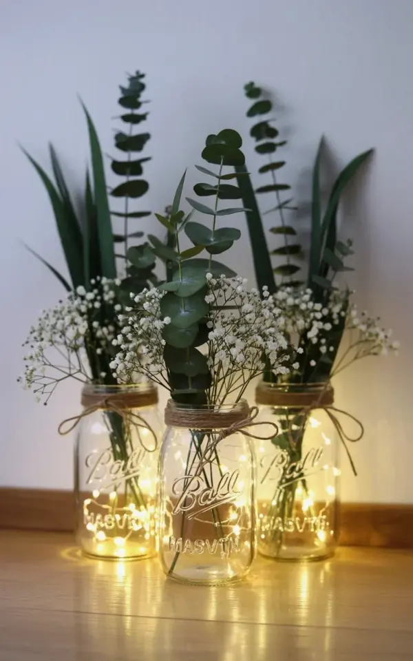 Mason Jar Fairy Lights Centerpiece - Easy Rustic Fall Decor Idea