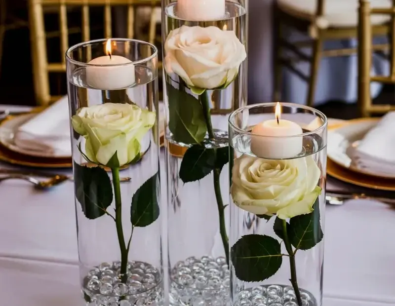 Wedding Centerpiece Ideas Before & After - Glass Vases with Roses & Floating Candles