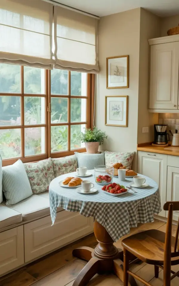 Budget Breakfast Nook Ideas with a Round Table & Built-in Banquette