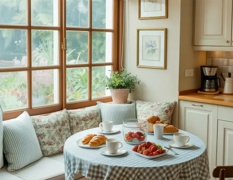Budget Breakfast Nook Ideas with a Round Table & Built-in Banquette