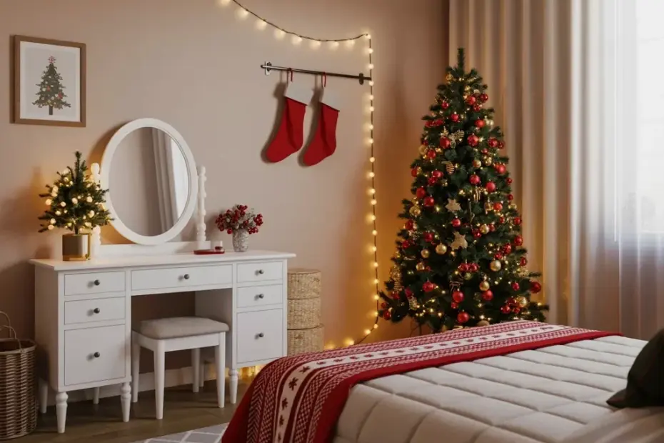 Cozy Christmas Bedroom Ideas with a White Vanity and Red Stockings