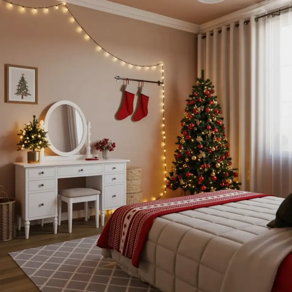 Cozy Christmas Bedroom Ideas with a White Vanity and Red Stockings