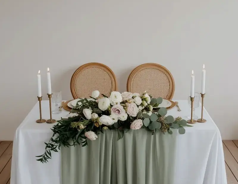 Budget Wedding Table Decor with Rattan Chairs & Blush Florals