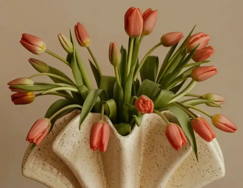 Coral Pink Tulip Arrangement: Quick How-To with a Textured Cream Vase